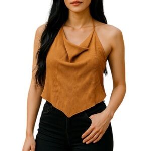 SHEIN Ribbed Cowl Neck Handkerchief Tie Crop Top Brown Open Back V Hem L